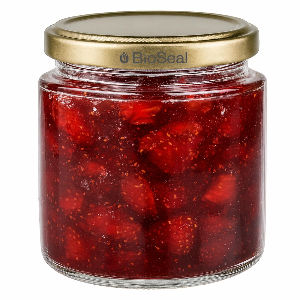 Tarro de miel BioSeal 250ml con mermelada casera de fresa, tapa dorada UNiTWIST para mermelada y fruta para untar