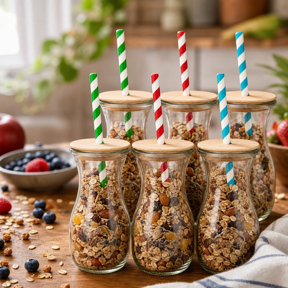 WECK botellas de zumo 290ml rellenas de muesli nueces como tarros de almacenaje tapas de madera coloridas pajitas de papel decoración de cocina