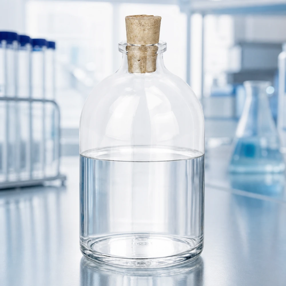 Botella de vidrio transparente, 100ml, con corcho 11/14mm Handliche Glasflasche 100ml Korkverschluss auf Edelstahloberfläche in professioneller Laborumgebung