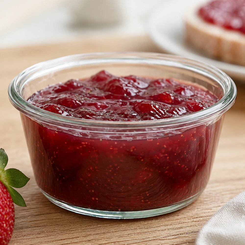 Tarro gourmet 290ml WECK RR100 WECK RR100 290ml tarro gourmet lleno de mermelada de fresa sobre tabla de cocina junto a fresa y pan con mermelada
