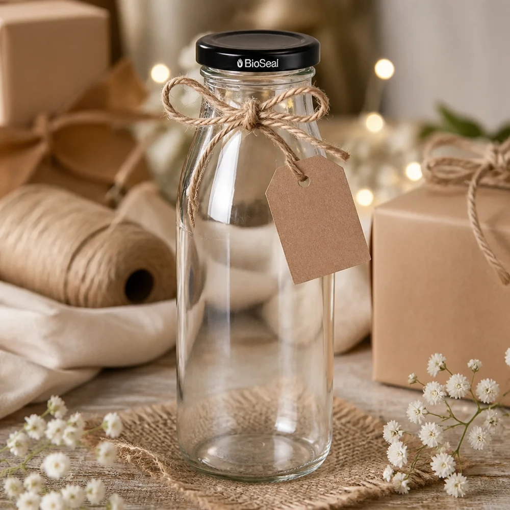 Botella de vidrio de 500 ml + tapa BioSeal negra UNiTWIST Botella de cristal de 500 ml decorada con cordón de yute y etiqueta de regalo como idea para regalar junto con materiales de artesanía