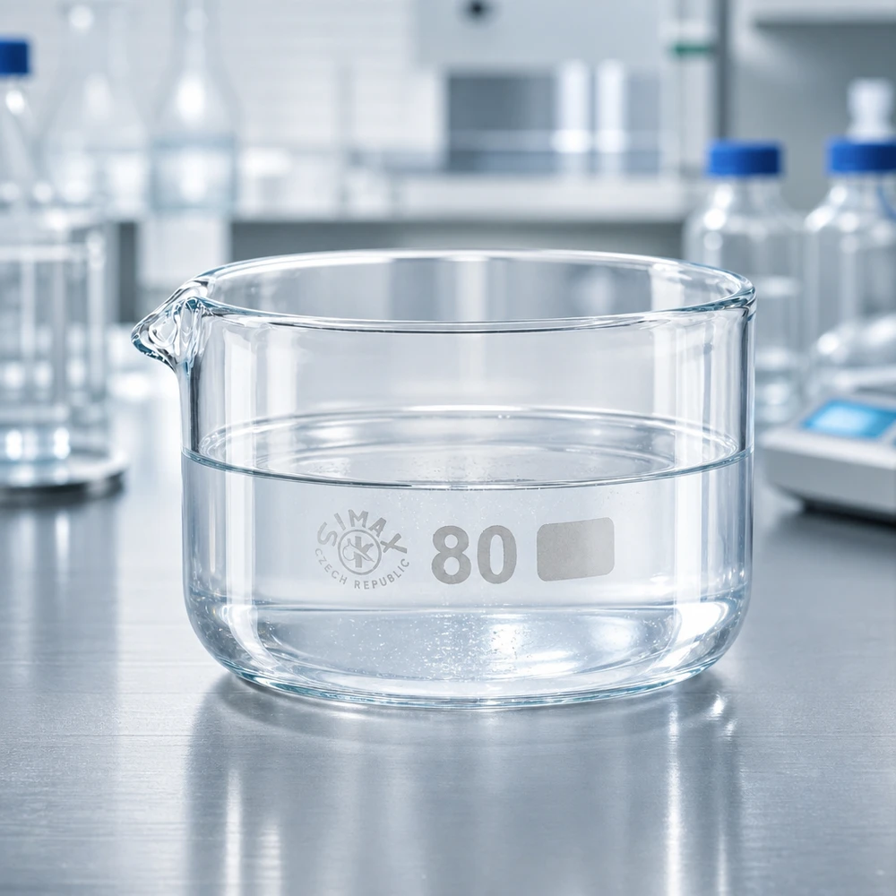 Recipiente de cristalización cilíndrico bajo de 150 ml con pico vertedor sobre una superficie de acero inoxidable en el laboratorio