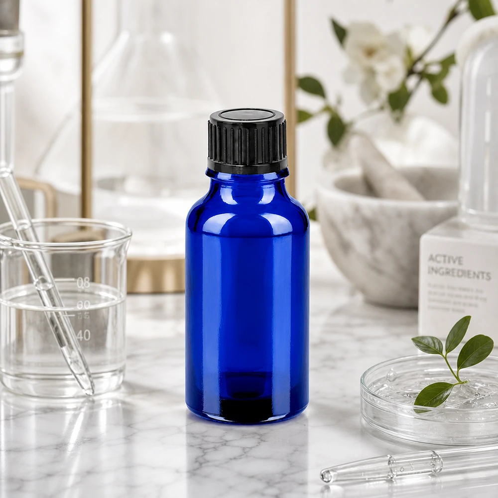 Frasco cuentagotas de 20 ml de vidrio de alta calidad con tapón negro para uso profesional