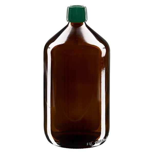 Frasco para medicamentos de 1000ml marrón, tapón verde con precinto de seguridad ApoGlas Frasco para medicamentos de 1000ml marrón, tapón verde con precinto de seguridad ApoGlas