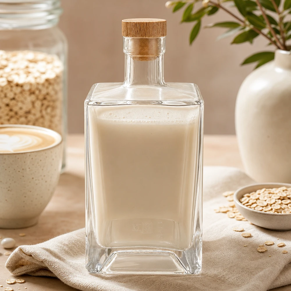 Botella de vidrio de 700 ml «Ben» con tapón de corcho con asa de madera UNiTWIST® Botella de vidrio de 700ml Ben llena de leche de avena junto a copos de avena y taza de café paisaje de cocina natural UNiTWIST
