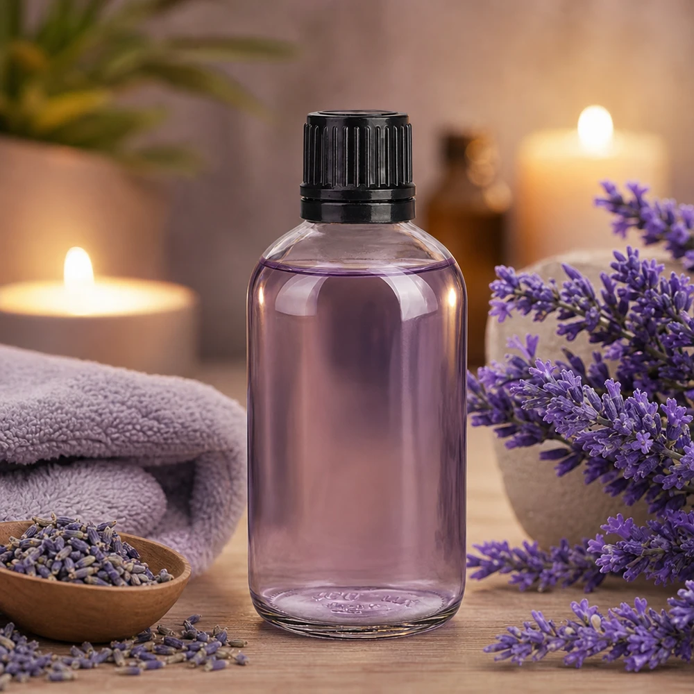 Aceite esencial de lavanda en frasco de cristal transparente de 100 ml con tapón negro a prueba de niños