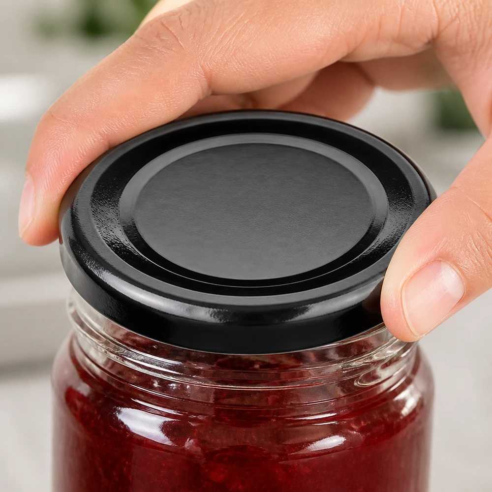 Una mano cierra un tarro de conservas con mermelada roja y una tapa negra BasicSeal de 66 mm UNiTWIST
