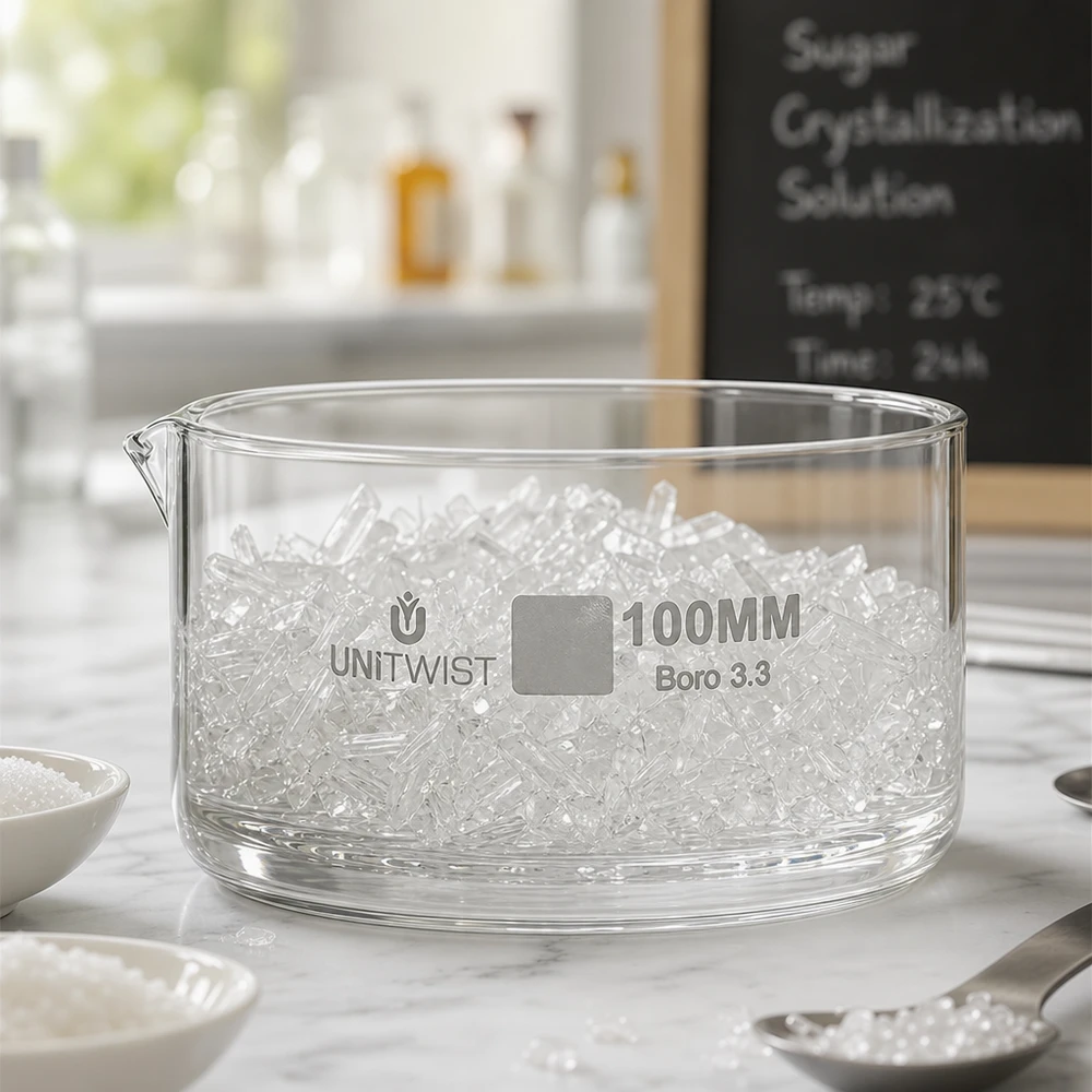 Cubeta de cristalización de 100 mm con cristales de azúcar, de vidrio borosilicato, cubeta de laboratorio UNiTWIST para cristalización