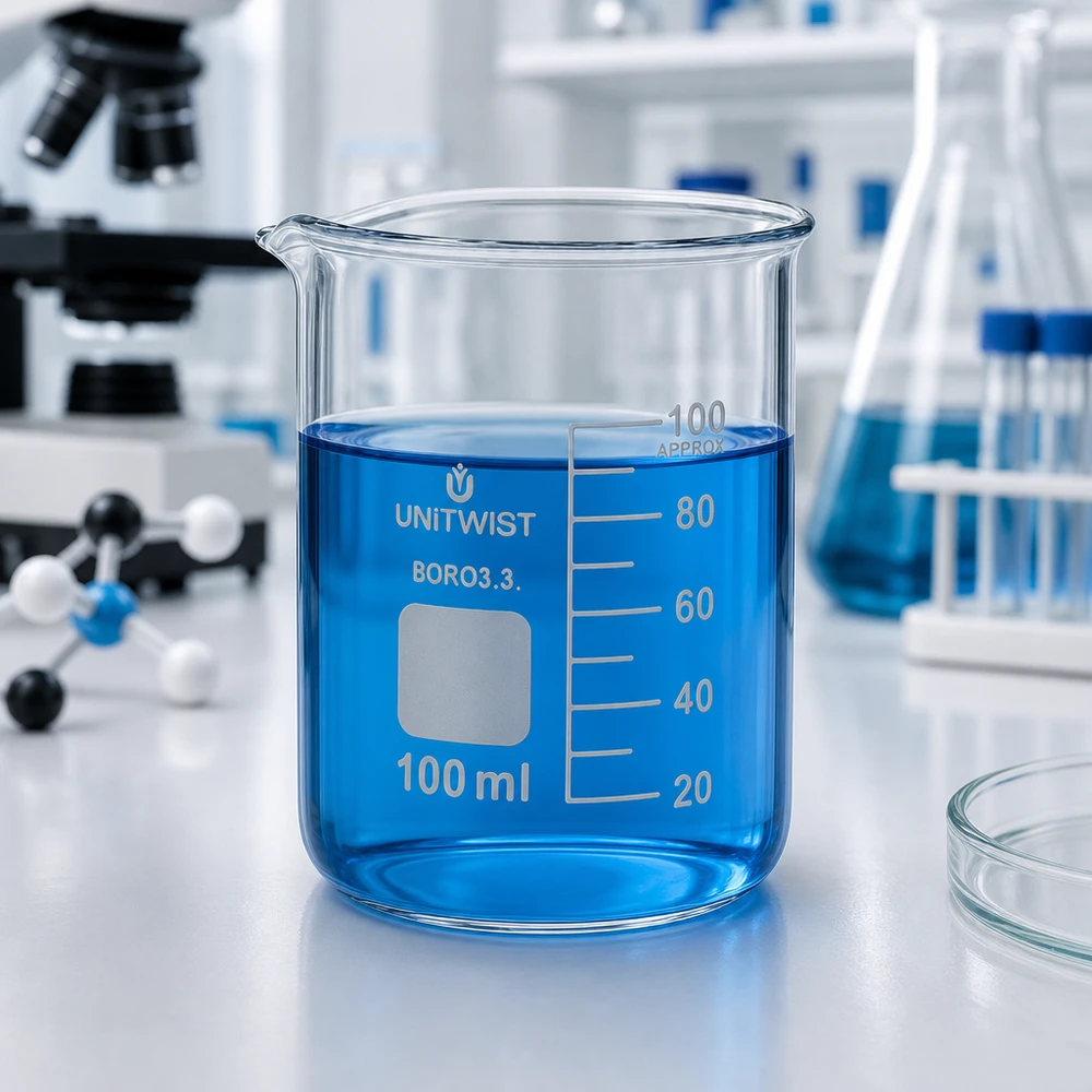 Vaso 100 ml borosilicato, molde bajo UNiTWIST Vaso de precipitados UNiTWIST de 100 ml, de borosilicato, de perfil bajo, con líquido azul en el laboratorio