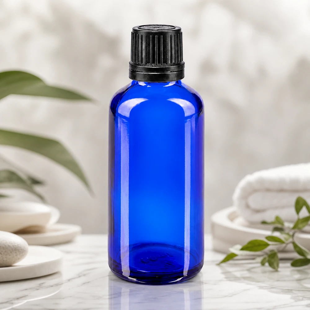 Botella de farmacia azul 50ml tapón cuentagotas anillo vertedor 1mm negro cierre inviolable Frasco cuentagotas azul de 50 ml con aplicador de 1 mm para una dosificación precisa de aceites esenciales