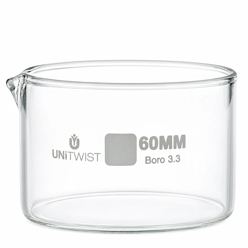 Plato cristalizador ø60mm vidrio borosilicato UNiTWIST Recipiente de cristalización de 60 mm, de vidrio borosilicato UNiTWIST Boro 3.3, transparente, cilíndrico y con pico vertedor
