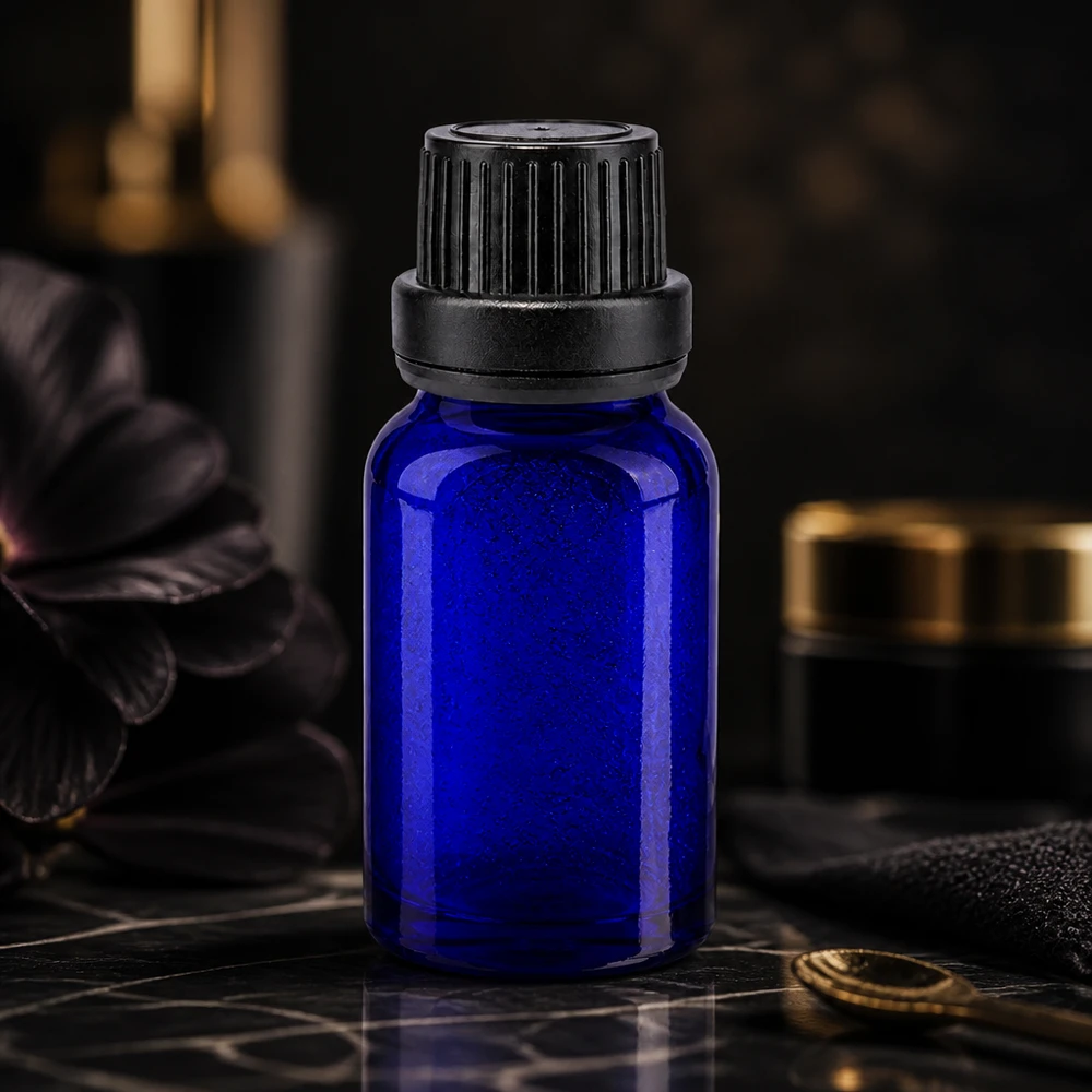 Frasco de farmacia azul oscuro de 10 ml con tapón cuentagotas a prueba de niños y anillo de seguridad negro