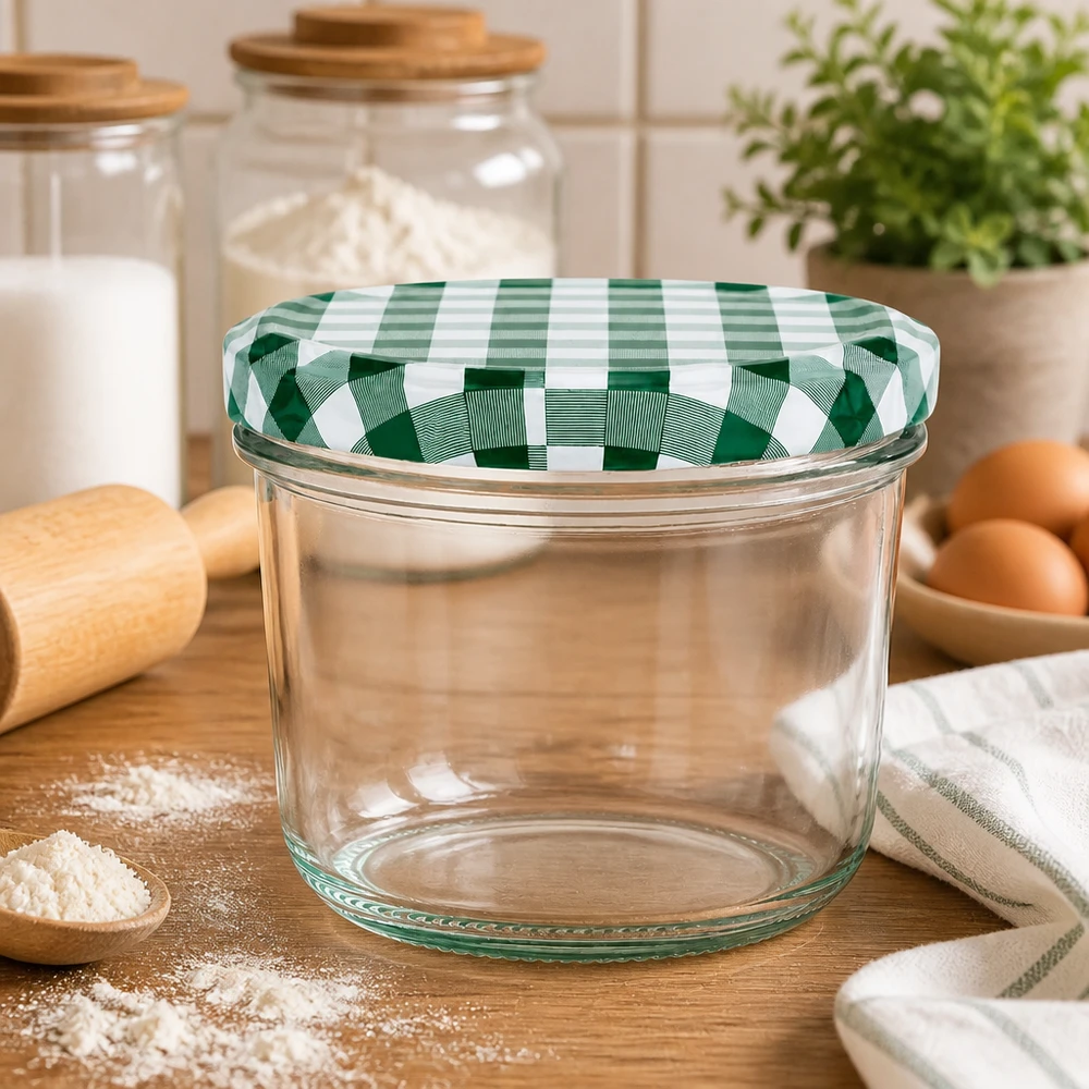 Vasos vacíos de 230 ml BasicSeal tapa verde y blanco a cuadros escena de cocina huevos harina tabla de madera tarro de conserva