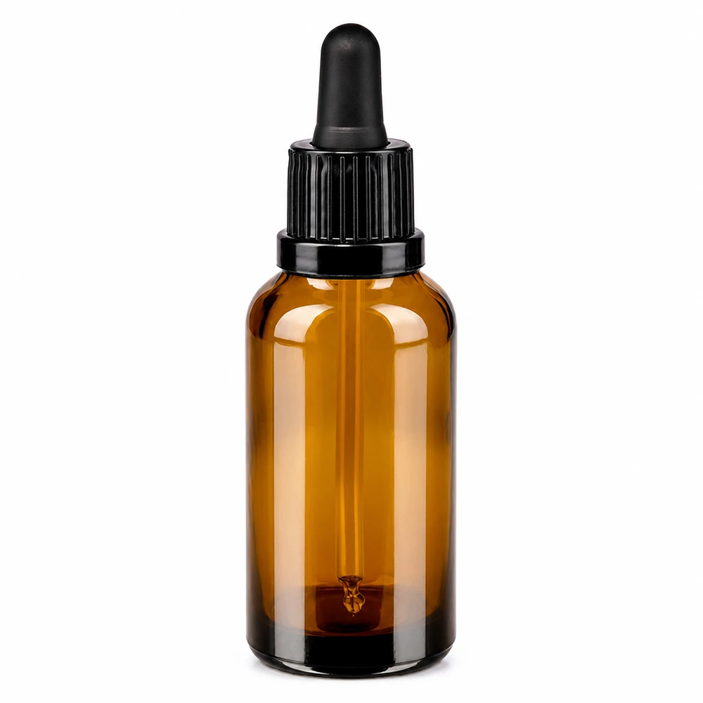 Frasco pipeta 30ml cierre inviolable negro BrownLine UT18/30 Frasco pipeta de vidrio ámbar de 30 ml con tapón negro para aceites esenciales y sueros