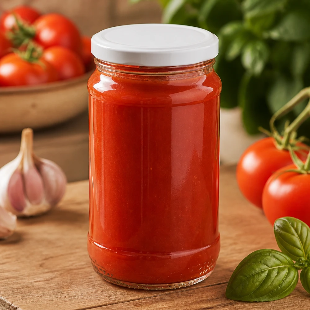 Tarro redondo de cristal de 370 ml + BasicSeal blanco UNiTWIST Frasco redondo UNiTWIST de 370 ml con tapa BasicSeal blanca, lleno de salsa de tomate y rodeado de ingredientes frescos
