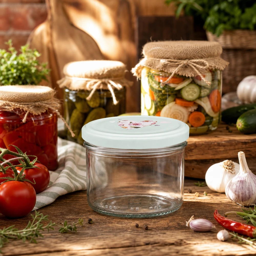 230ml tarro cilíndrico + tapa BasicSeal corazón menta Tarro cilíndrico de 230 ml con tapa en forma de corazón de menta en cocina rústica entre tarros de conservas de tomates y hierbas aromáticas