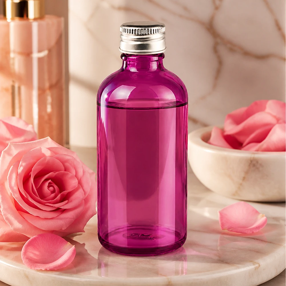Frasco de vidrio de 100 ml de color morado de alta calidad para productos cosméticos con tapa de aluminio resistente