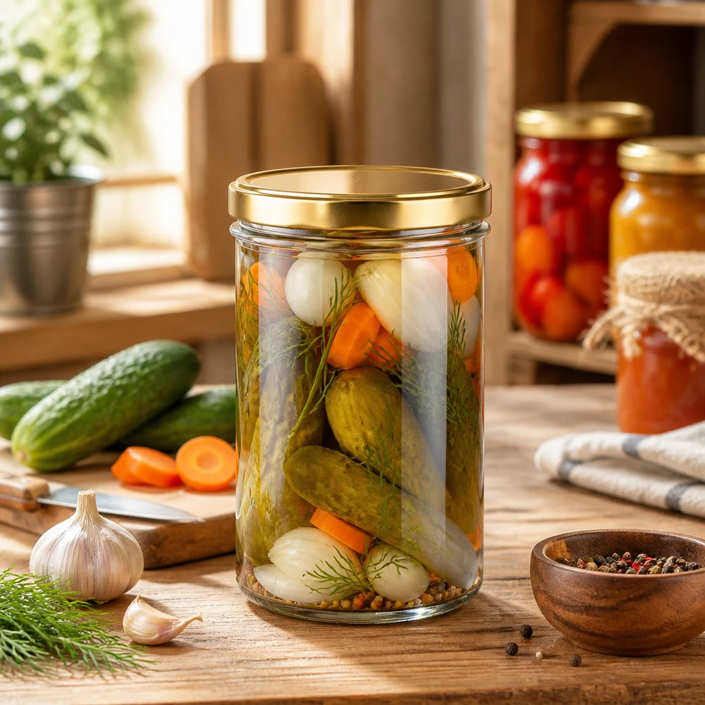 Vaso de 277ml con tapa BasicSeal oro UNiTWIST Tarro dorado de 277ml con verduras encurtidas pepinos zanahorias eneldo como tarro de conserva para conservas y encurtidos