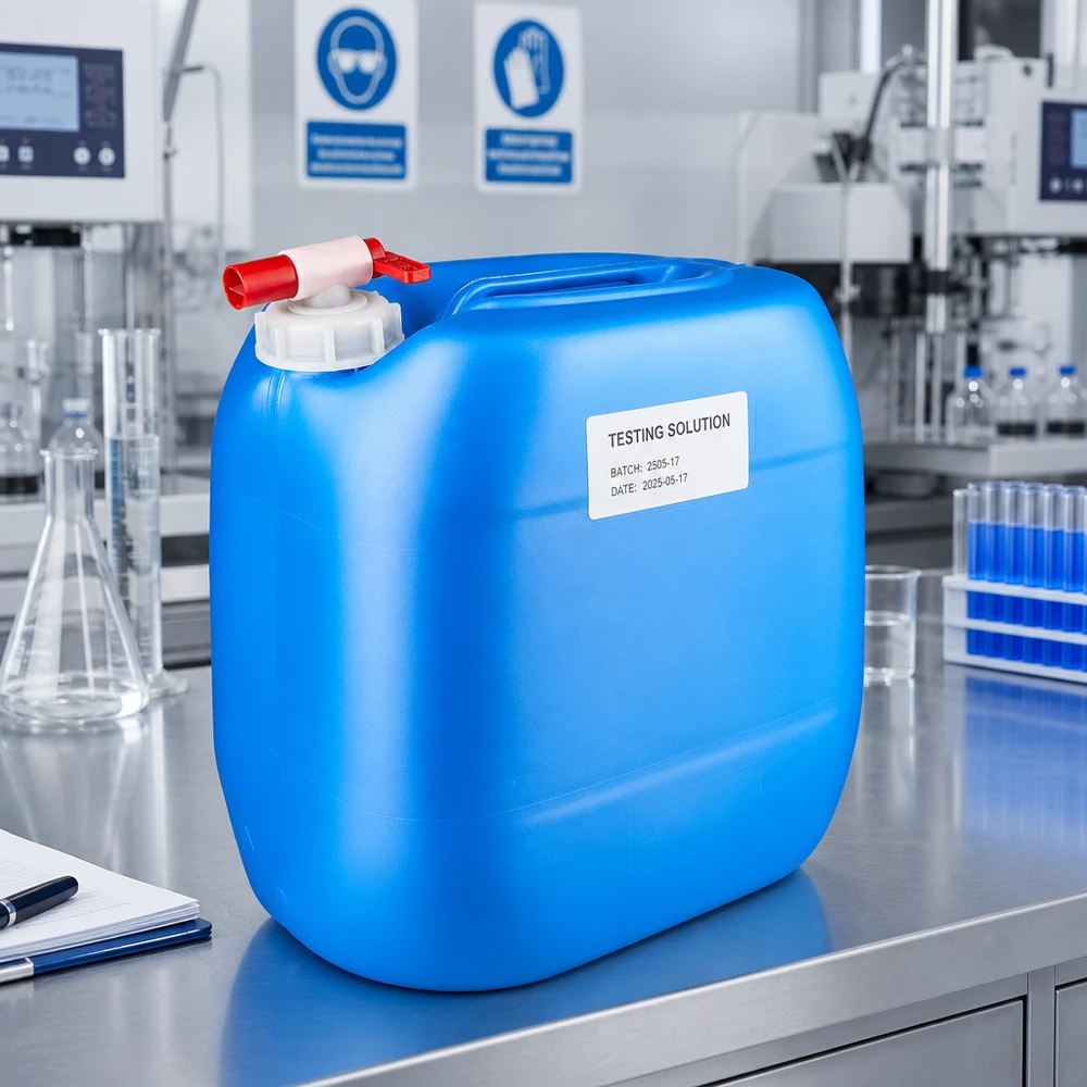 Bidon 30 litros azul con grifo de vaciado Bidón portátil azul de 30 litros con grifo de salida y etiqueta, para uso en entornos de laboratorio profesionales