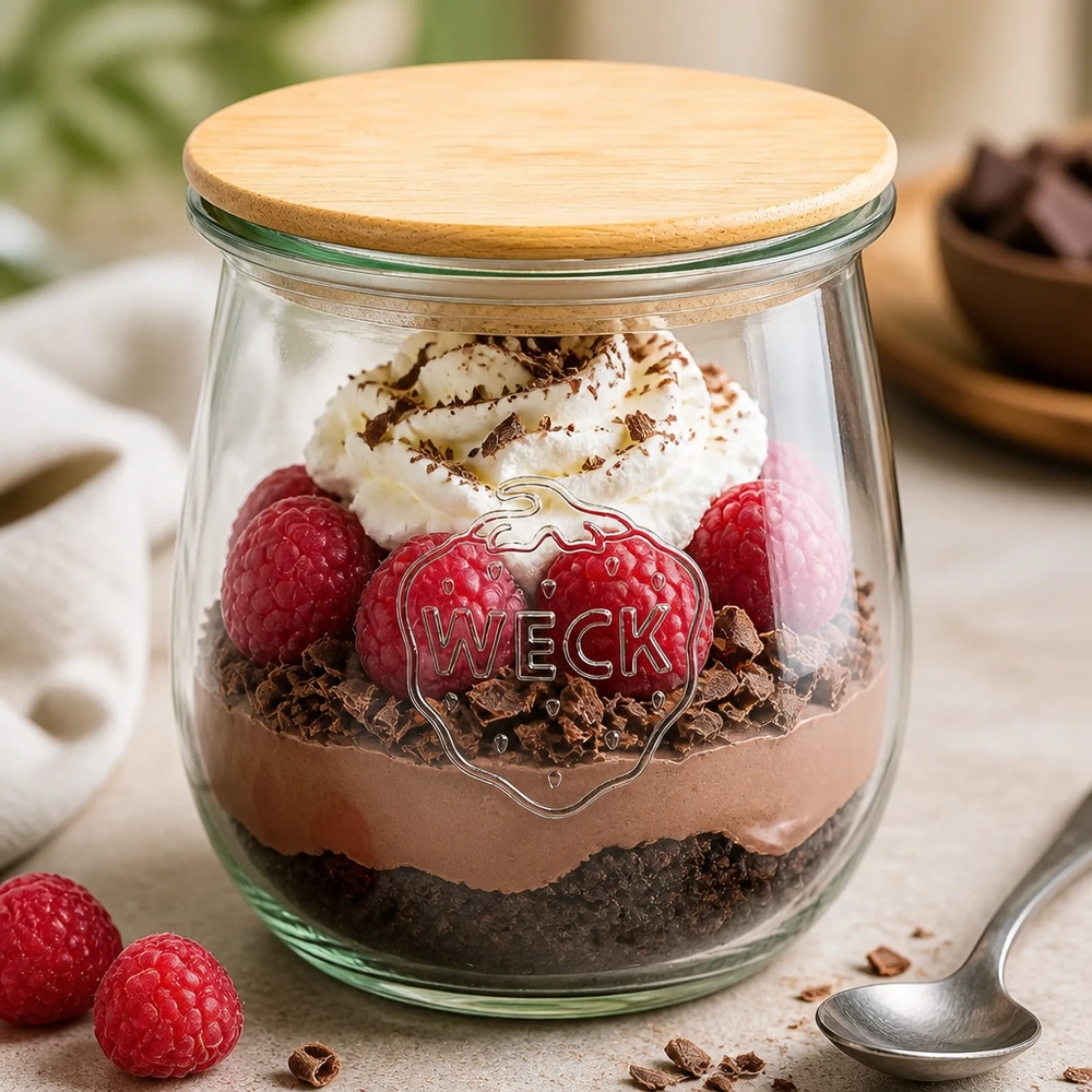 Tarro tulipán WECK 220ml RR60 con tapa de madera como tarro de postre - Mousse de chocolate con frambuesas y nata en tarro de conserva