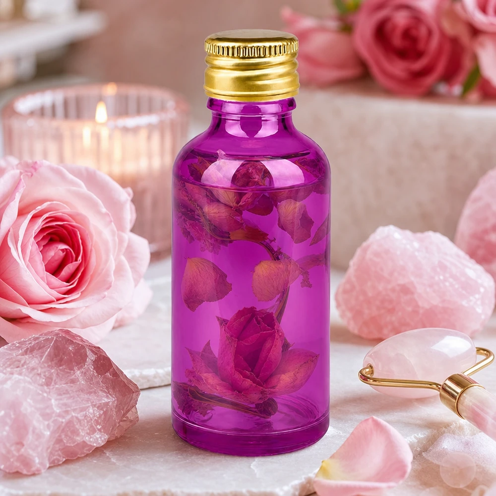 Frasco boticario de 50 ml violeta con tapón dorado de 11 mm ideal para sueros y esencias