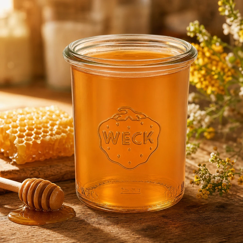 Tarro de conserva de 160ml WECK RR60 Tarro de cristal de 160 ml WECK RR60 lleno de miel sobre una mesa de madera con panal y cuchara de miel decoración natural