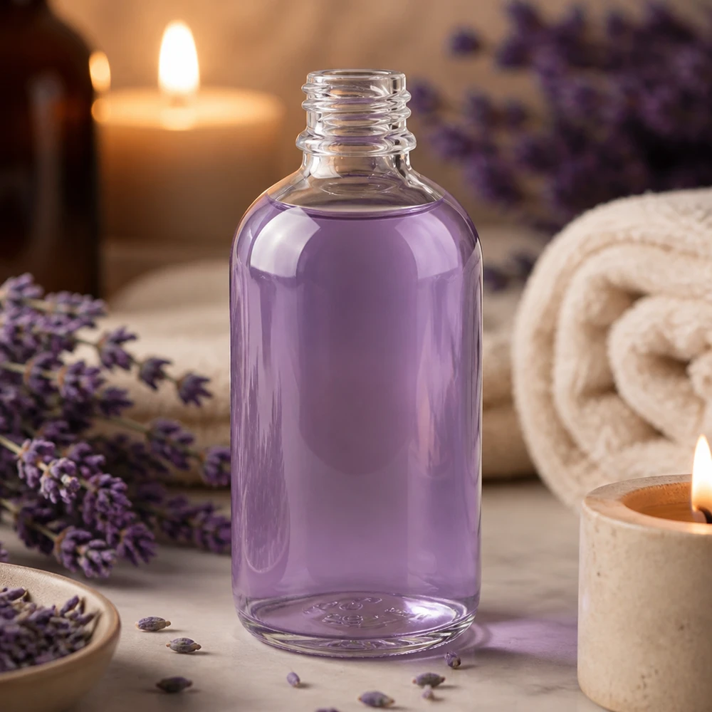 Botella de cristal transparente de 100 ml con líquido morado, modelo UNiTWIST ClearLine, botella de farmacia según la norma DIN 18