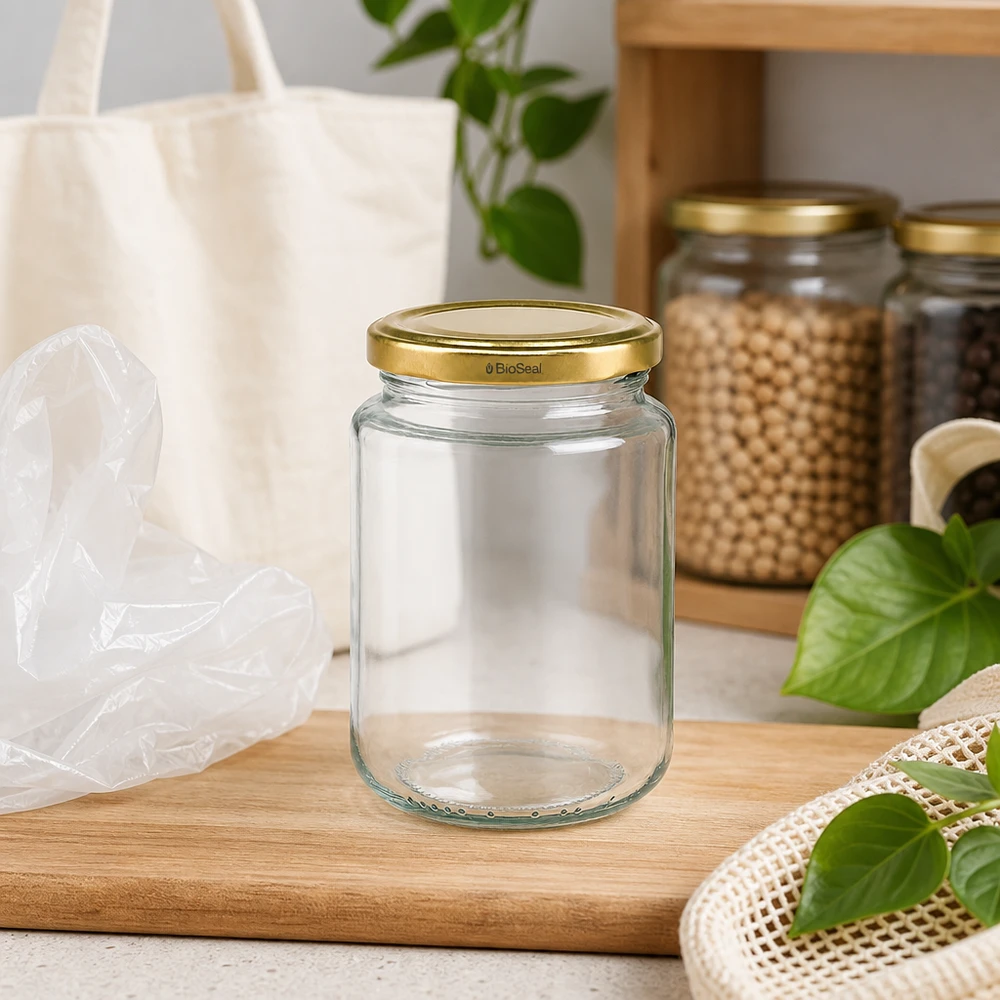 UNiTWIST Runda382 mit goldenem Deckel TO66 BioSeal Tarro de conserva UNiTWIST Runda382 en cocina de residuo cero, tapa sostenible TO66 BioSeal dorada, ambiente de tablero de madera