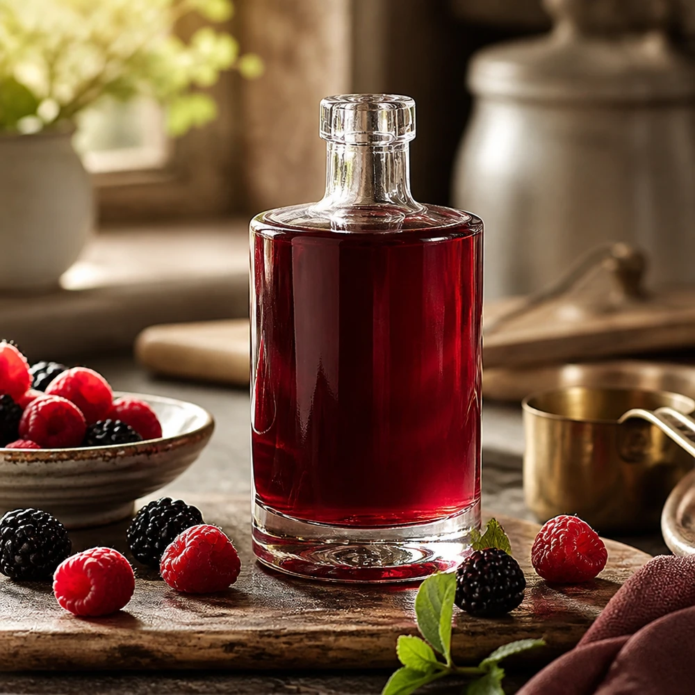 Botella de vidrio de 350 ml «Marie» sin tapón UNiTWIST® 350ml Glasflasche Marie mit rotem Beerensaft befüllt umgeben von frischen Himbeeren und Brombeeren rustikale Küche Bild