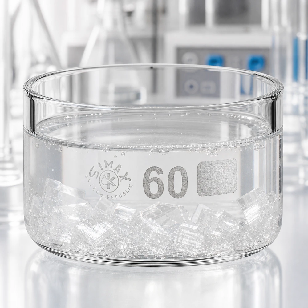 60ml cristalizador plato sin pico borosilicato ø60mm Recipiente de cristalización transparente de 60 ml con cubitos de hielo y burbujas de agua en el laboratorio científico
