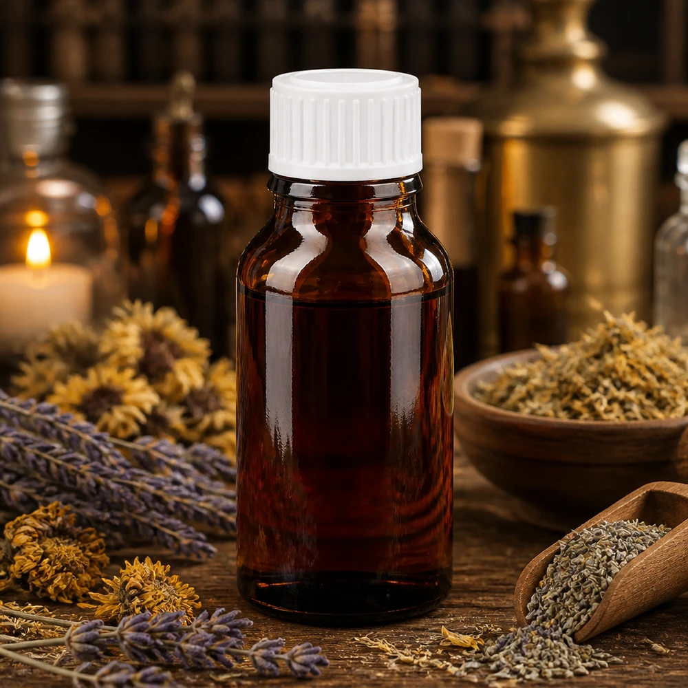 Botella de farmacia marrón 15ml tapón rosca blanco estándar Frasco de farmacia de 15 ml, de cristal marrón con tapón de rosca blanco, entre hierbas secas y lavanda