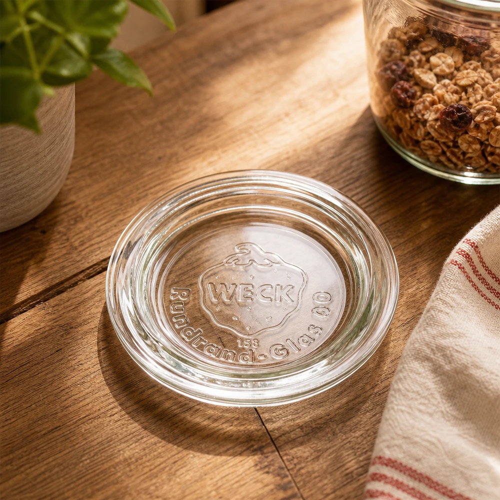 Tapa para tarro WECK RR60 WECK tapa de cristal RR60 transparente sobre mesa de madera con tarro de muesli y textil de cocina escena de cocina rústica