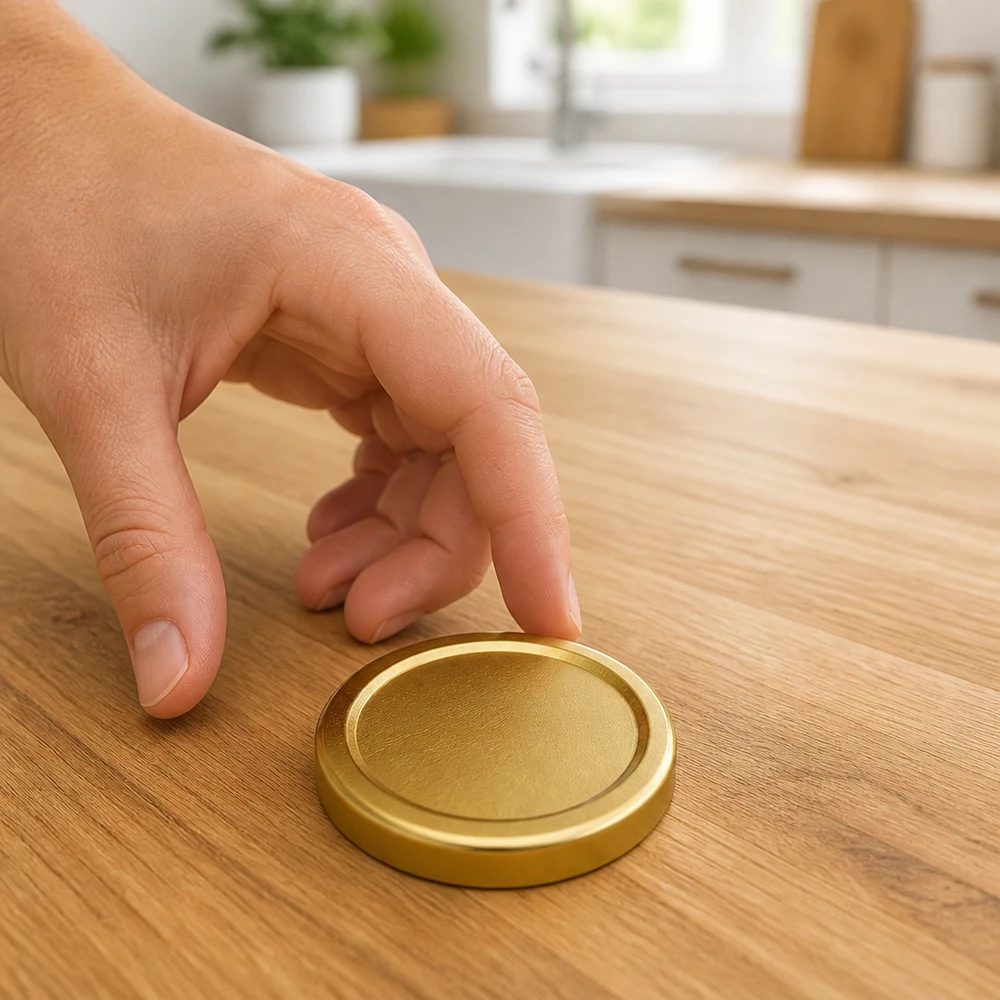 Tapa dorada de 58 mm con cierre de rosca BasicSeal TO58deep sobre una mesa de madera con una mano que la sujeta