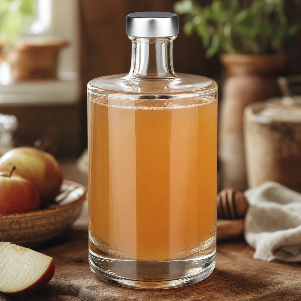 Botella de cristal de 500 ml Sam llena de zumo de manzana junto a manzanas y miel cocina natural cálido aspecto de madera