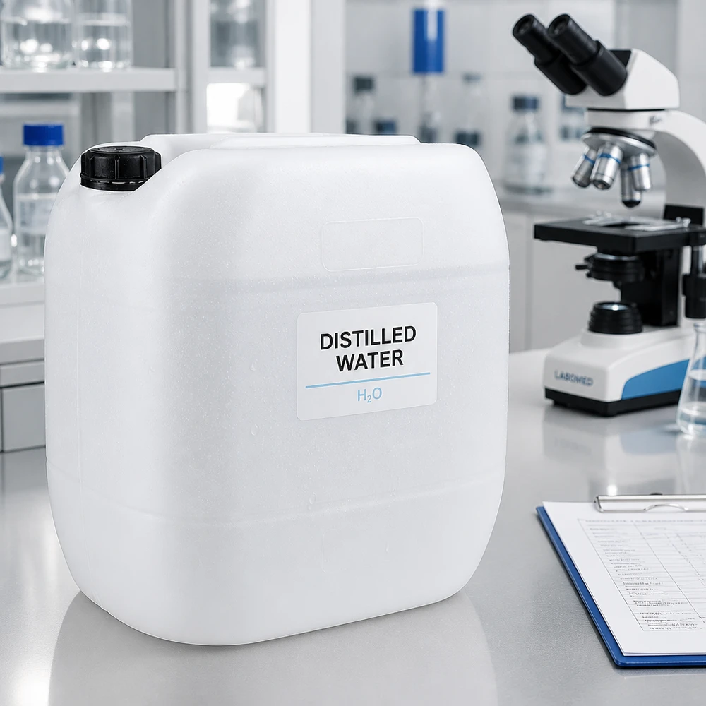 Agua destilada (H₂O) en bidones de 30 litros con tapón de rosca para uso en laboratorio