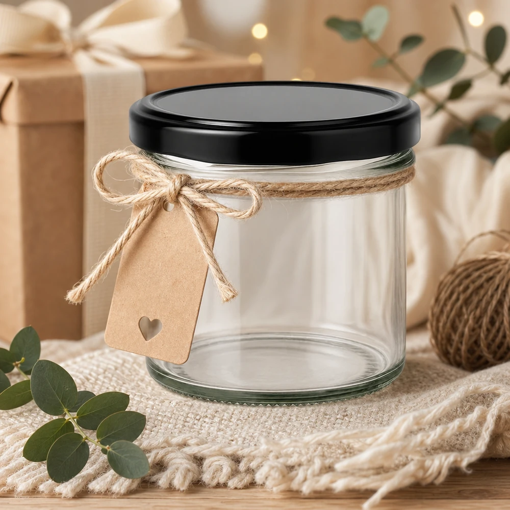 Vasos de 125ml con tapa BasicSeal negro UNiTWIST Vasos de 125 ml con tapa negra como idea de regalo decorados con cordón de yute y colgante de corazón rústico
