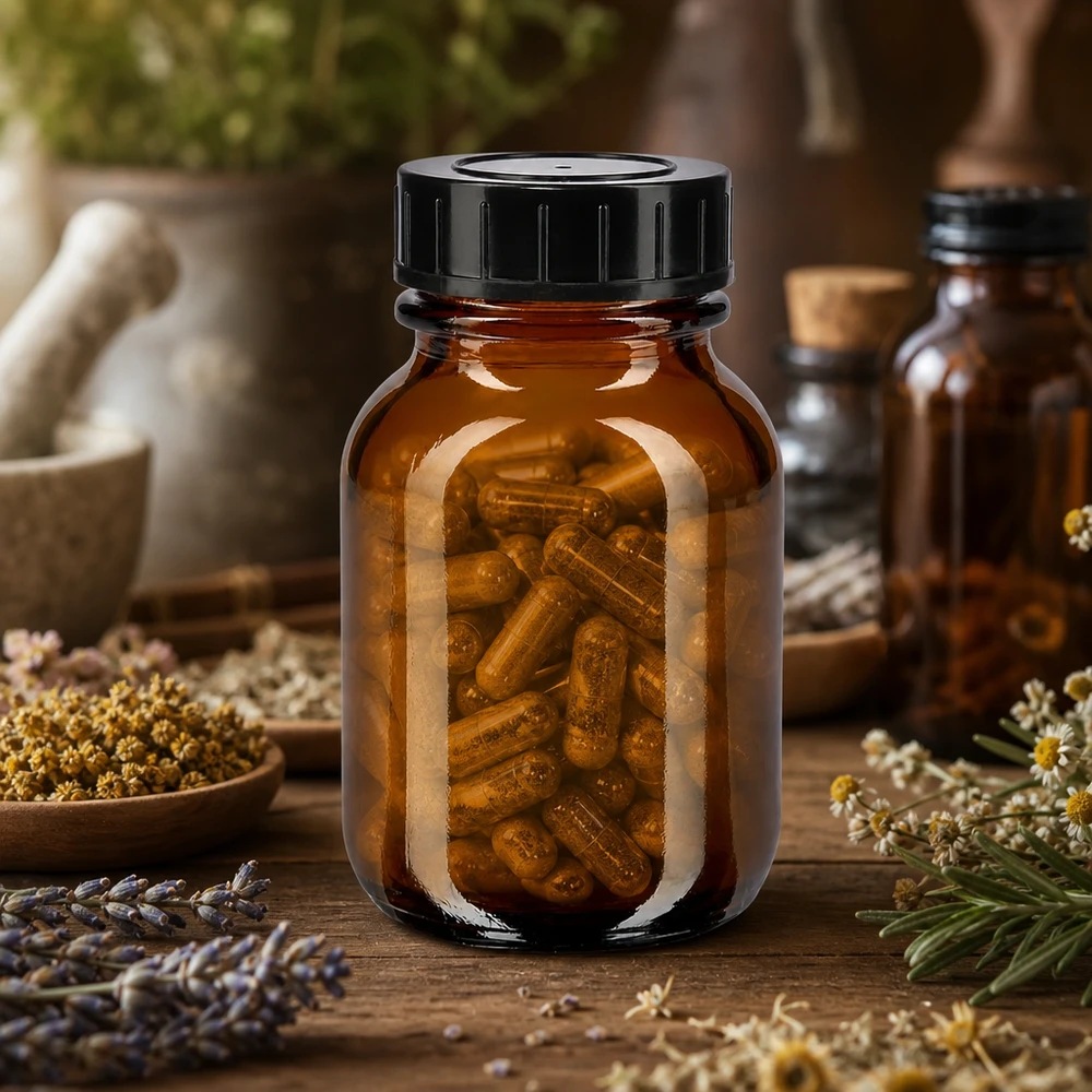 Frasco marrón de cuello ancho de 50 ml con tapón de rosca ideal para cápsulas y complementos alimenticios