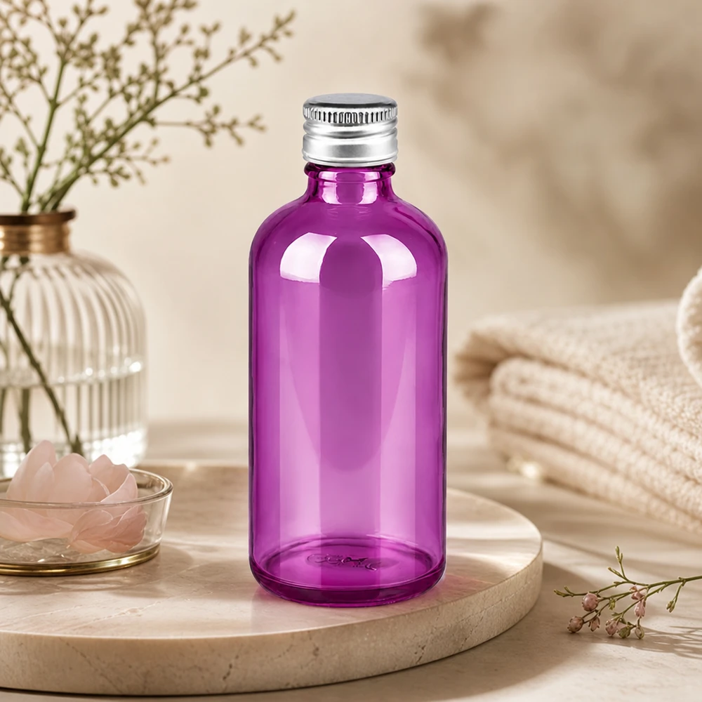 Elegante frasco de vidrio violeta de 100 ml con tapón plateado para cosméticos DIY y productos naturales