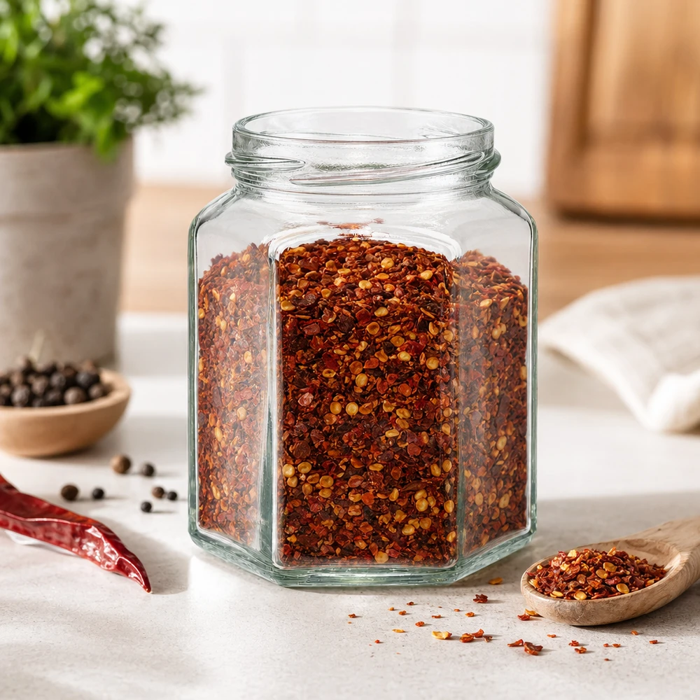Tarro hexa de 288ml sin tapa (TO63) UNiTWIST UNiTWIST Hexa288 tarro de cristal hexagonal 288ml lleno de copos de guindilla en cocina moderna