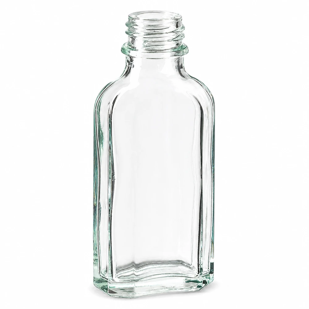 50 ml Meplat botella transparente DIN22 Botella de cristal transparente de 50 ml con base plana y rosca DIN 22 para líquidos