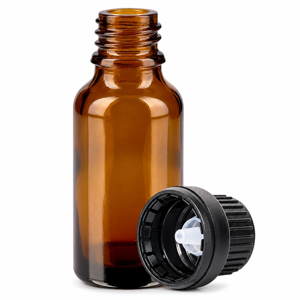 Frasco cuentagotas 10ml 2mm negro cierre inviolable BrownLine UT18/10 Frasco de vidrio marrón de 10 ml con cuentagotas de 2 mm y tapón de rosca negro para aromaterapia
