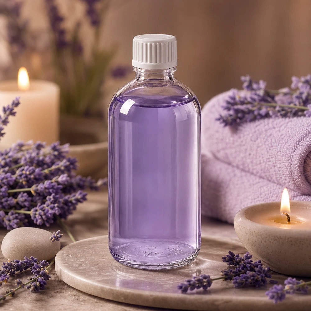 Líquido de color lavanda en un frasco cuentagotas ClearLine UT18 de 100 ml con tapón blanco de 0,9 mm