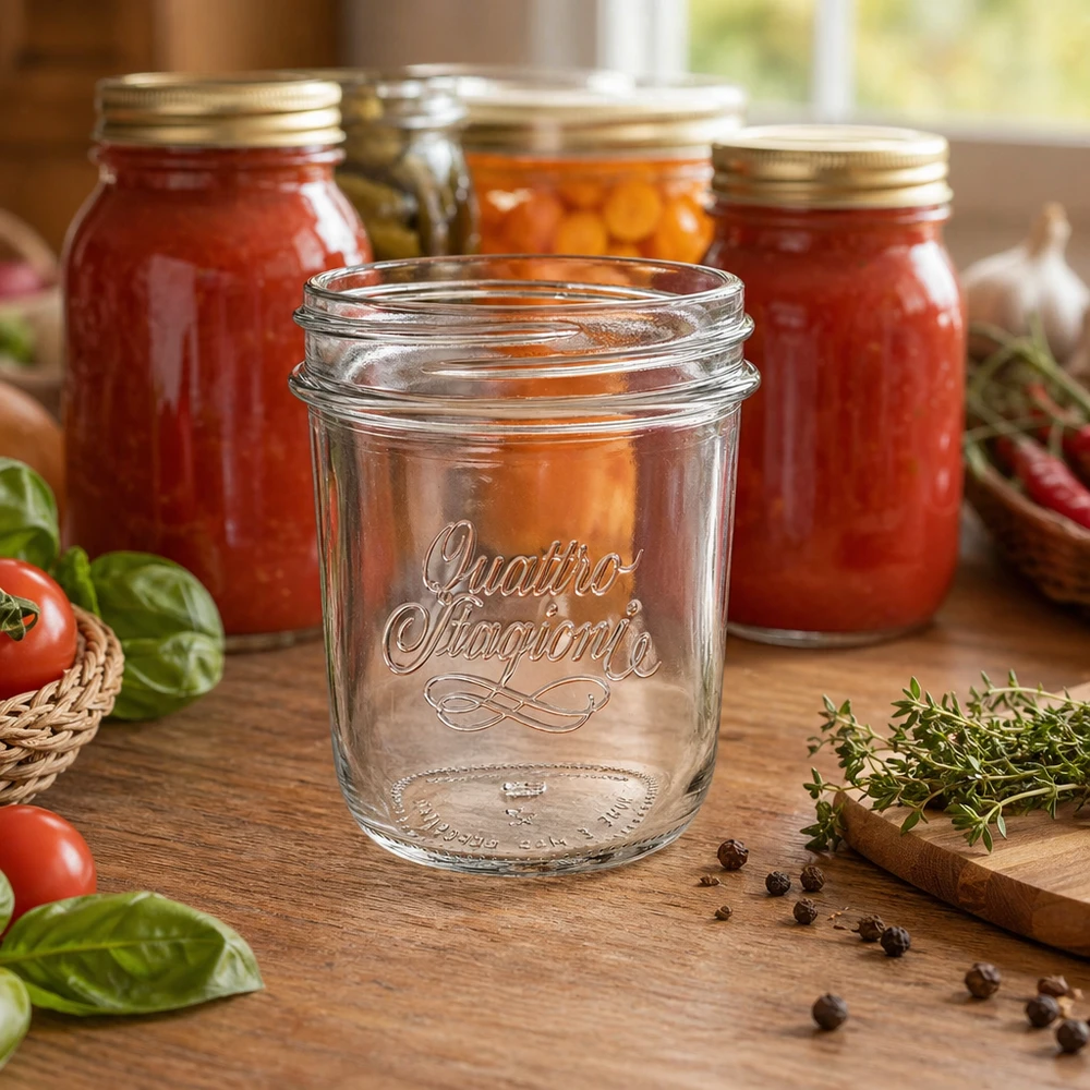 Vaso "Quattro Stagioni" 320ml QS86mm Vasos Quattro Stagioni de 320 ml con rosca QS86mm sobre mesa de madera delante de tarros de conserva con tomates y hierbas aromáticas