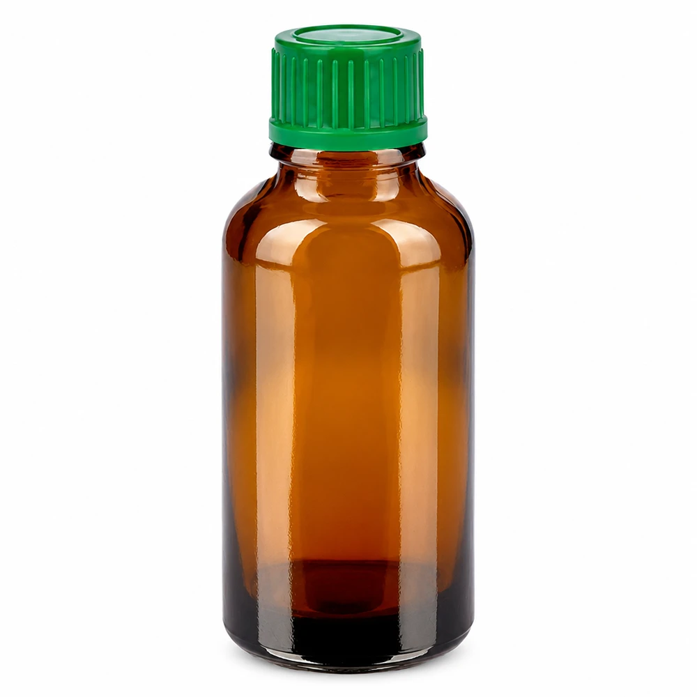 Frasco de vidrio ámbar de 30 ml con tapón de rosca verde para aceites esenciales y medicamentos