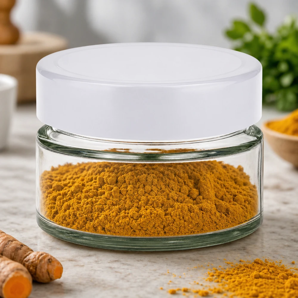 Tarro redondo de 130 ml con tapa BasicSeal lleno de cúrcuma amarilla en polvo - almacenamiento de especias en tarro de cristal