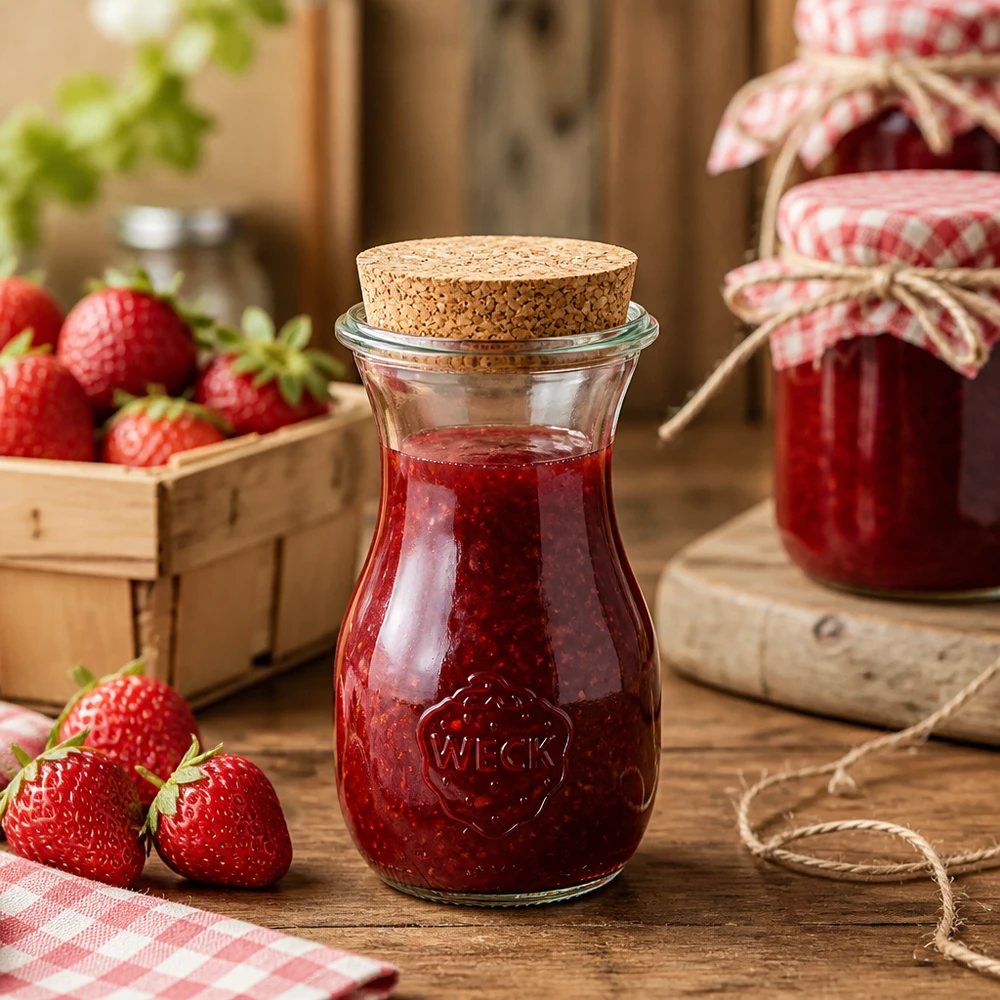 290ml botella de zumo WECK RR60 con corcho natural Botella de zumo WECK 290ml con corcho rellena de mermelada de fresa en cocina rústica con fresas frescas