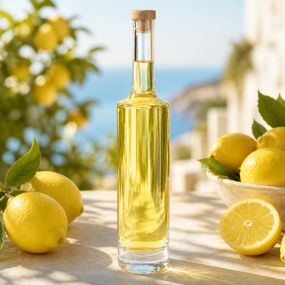 Glasflasche Rosa 500ml mit gelbem Limoncello gefüllt neben Zitronen in mediterraner Atmosphäre mit Holzkorken