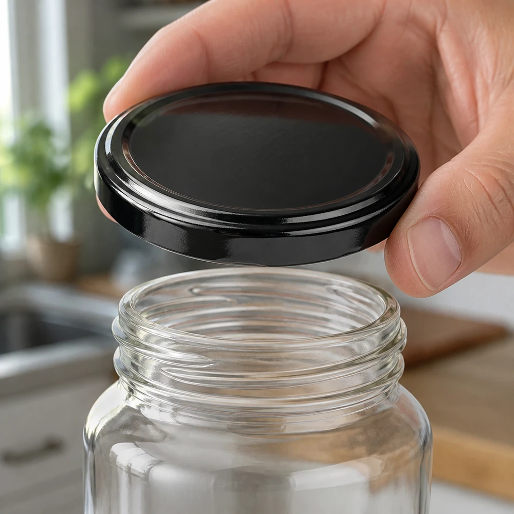 Se cierra en la cocina un tarro de conserva vacío con tapa metálica negra TO82 UNiTWIST BioSeal