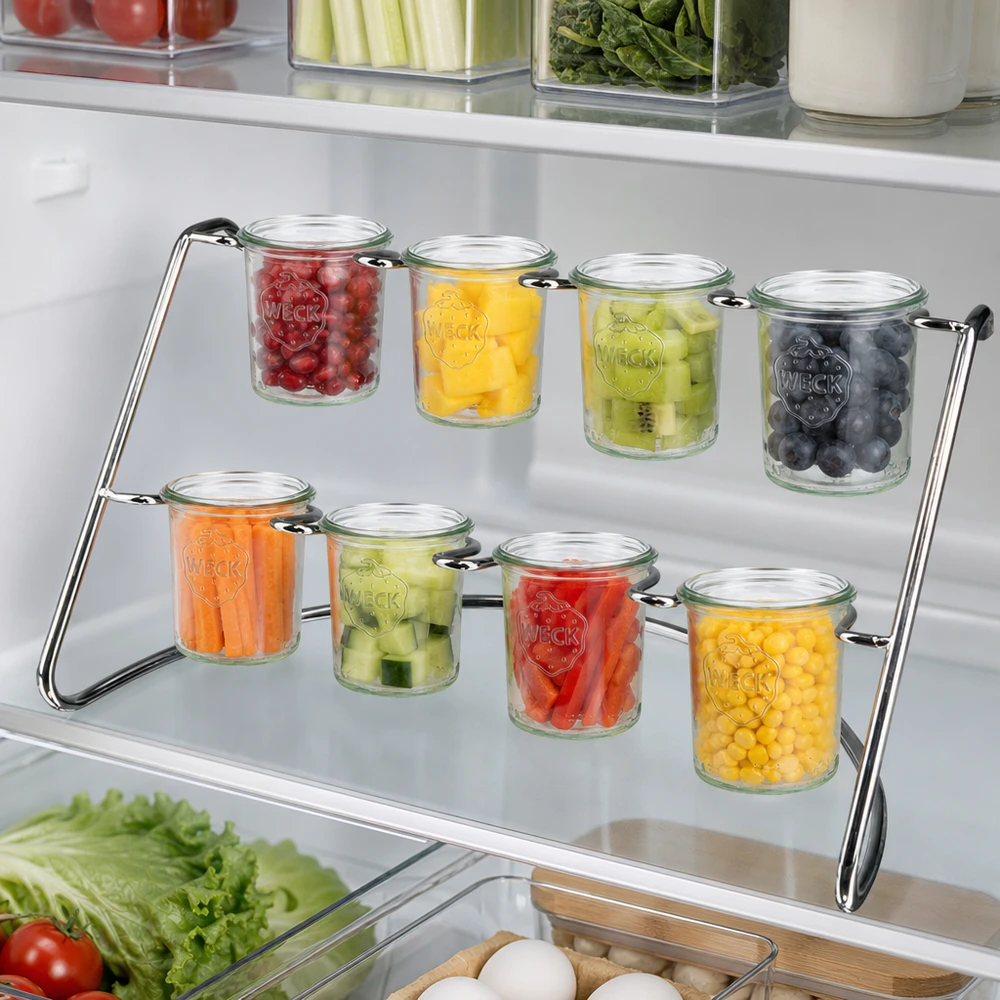 Portavasos Flato8 para 8 vasos WECK Rejilla para servir Flato8 en el frigorífico con fruta y verdura fresca en prácticos vasos WECK