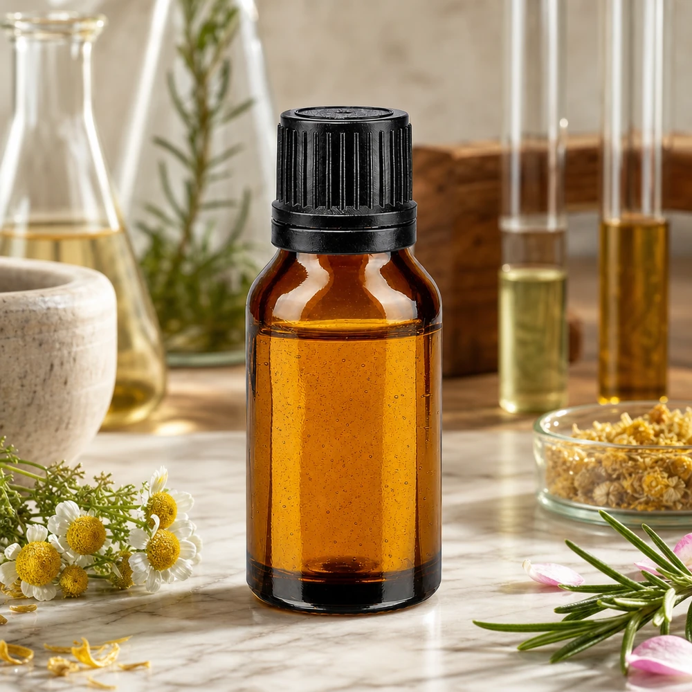 Botella de farmacia marrón 15ml tapón cuentagotas anillo vertedor 1mm negro cierre inviolable Frasco de 15 ml de color ámbar con tapón de rosca negro, rodeado de flores de manzanilla y romero